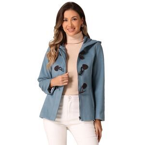 Casual Winter Outwear Hooded Button Toggle Pea Coat Gray Blue